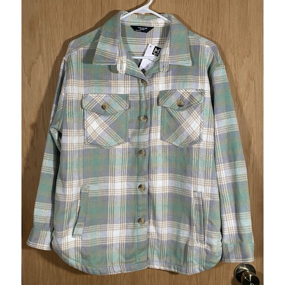 Women's M Plaid Shacket Sage Green Oversized Chore Coat Pockets Warm Soft Cabin